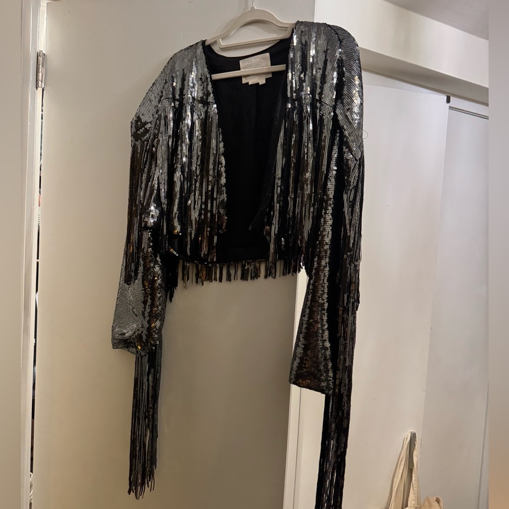Anthropologie sequin fringe cropped jacket